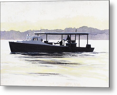 Original Painting Seascape Boats Multimedia Acrylic Oil Crab Boat Chesapeake Bay Maryland Metal Print featuring the painting Crab Boat Slick Calm Day Chesapeake Bay Maryland by G Linsenmayer