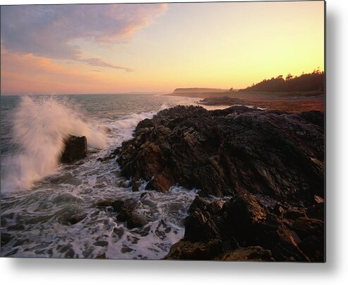 Misty Coastal Evening Metal Print featuring the photograph Crashing Waves and Misty Coastal Evening by Irwin Barrett