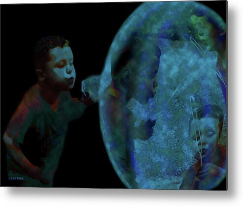 Boy Blowing Bubble Metal Print featuring the mixed media Creation of The Bubble by Lesa Fine