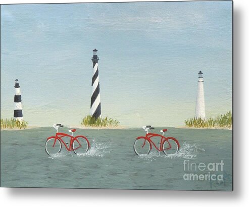 Red Bicycles Metal Print featuring the painting Cycling the Pamlico Sound by Phyllis Andrews