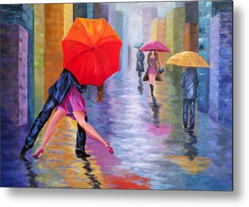 Umbrellas Metal Print featuring the painting Dancing in the Rain by Rosie Sherman