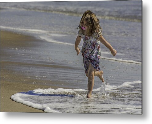 Dancing Metal Print featuring the photograph Dancing in the surf with a pink pacifier by WAZgriffin Digital
