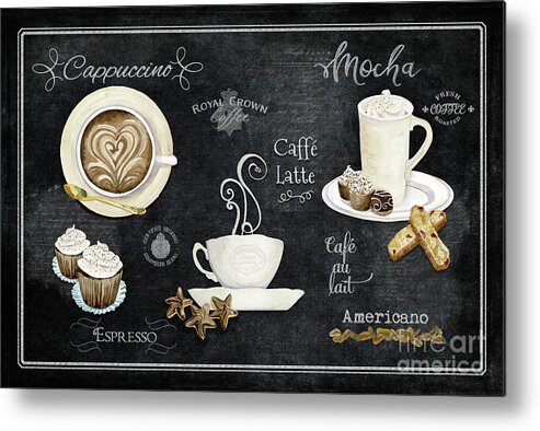 Coffee Art Metal Print featuring the painting Deja Brew Chalkboard Coffee Cappuccino Mocha Caffe Latte by Audrey Jeanne Roberts