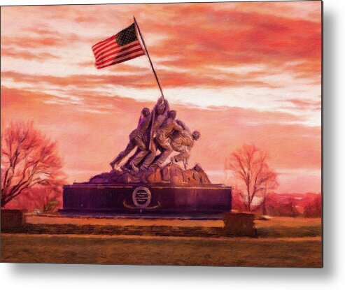 America Metal Print featuring the digital art Digital painting of Iwo Jima Memorial at dawn as sun rises by Steven Heap