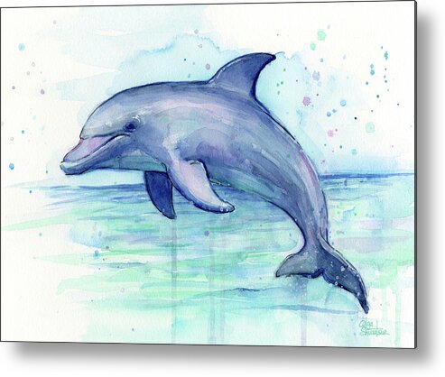 Dolphin Metal Print featuring the painting Dolphin Watercolor by Olga Shvartsur