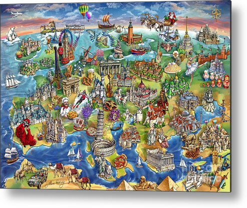 Europe Metal Print featuring the painting European World Wonders Illustrated Map by Maria Rabinky
