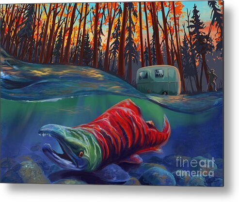 Fishing Painting Metal Print featuring the painting Fall Salmon fishing by Sassan Filsoof