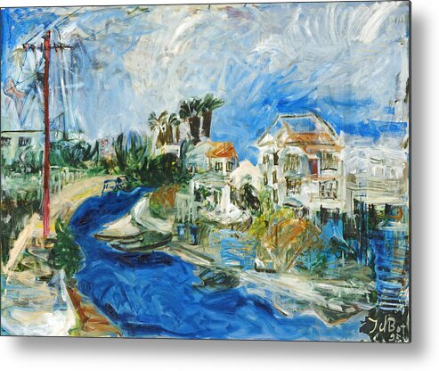 Town Houses Trees Palmtrees Street Blue Sky Metal Print featuring the painting Famagusta by Joan De Bot