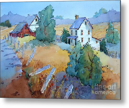 Farm Metal Print featuring the painting Farm with Blue Roof Tops by Joyce Hicks