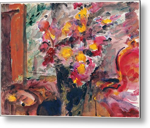 Lovis Corinth Metal Print featuring the painting Flower Vase on a Table by Lovis Corinth
