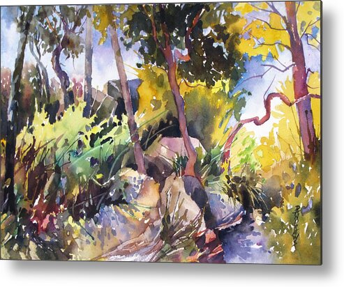 Landscape Metal Print featuring the painting Follow The Rock Trail by Rae Andrews