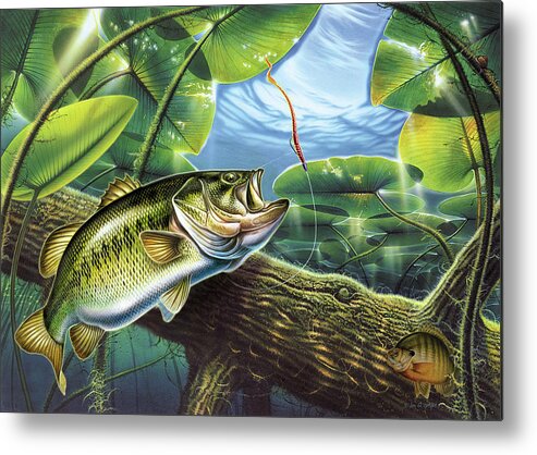 Jon Q Wright Fish Fishing Bass Largemouth Lure Lily Pads Lake Angling Bluegill Log Underwater Metal Print featuring the painting Fooled Again Bass II by JQ Licensing