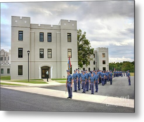 Fork Union Military Academy Charlie Company Entrance Grass Tree Building Barracks School Virginia Sky Blue Clouds Cloudy Cadets Company Road Virginia Private Metal Print featuring the photograph Fork Union Military Academy Charlie Company Entrance by Karen Jorstad