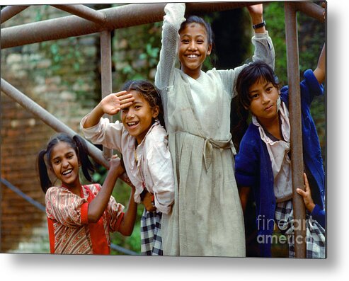 Girls Having Fun Metal Print featuring the photograph Girls Smiling in Kathmandu, Nepal by Wernher Krutein