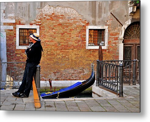 Gondolier Metal Print featuring the photograph Gondolier Chit Chat - Venice, Italy by Denise Strahm