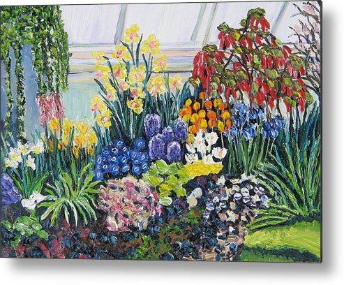 Flowers Metal Print featuring the painting Greenhouse Flowers with Blue and Red by Richard Nowak