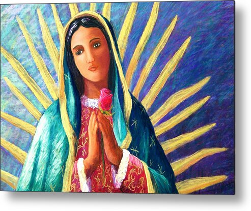 Guadalupe Metal Print featuring the pastel Guadalupe with Rose by Candy Mayer