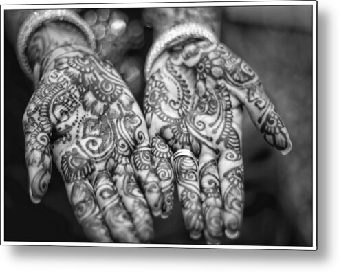 Henna Metal Print featuring the photograph Henna Hands Black And White by Jean Francois Gil