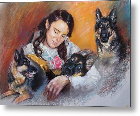Girl With Dogs Metal Print featuring the pastel Her Best Friends by Ylli Haruni