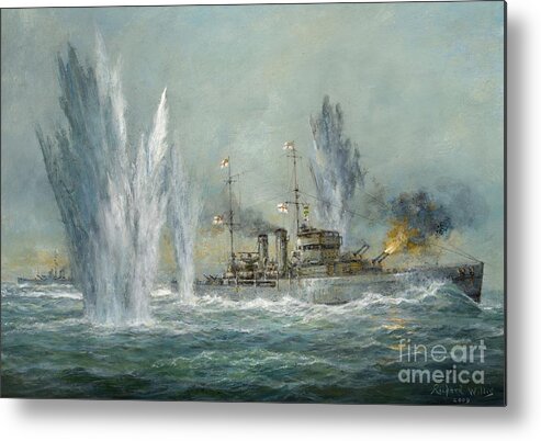 Naval Metal Print featuring the painting HMS Exeter engaging in the Graf Spree at the Battle of the River Plate by Richard Willis