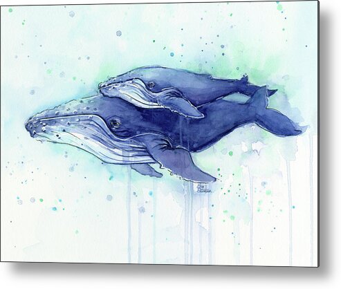 Whale Metal Print featuring the painting Humpback Whale Mom and Baby Watercolor by Olga Shvartsur