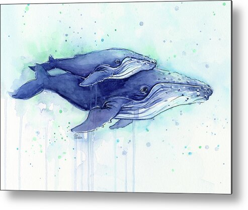 Whale Metal Print featuring the painting Humpback Whales Mom and Baby Watercolor Painting - Facing Right by Olga Shvartsur