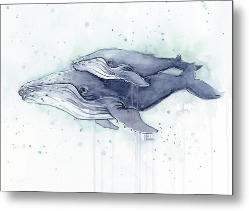 Whale Metal Print featuring the painting Humpback Whales Painting Watercolor - Grayish Version by Olga Shvartsur
