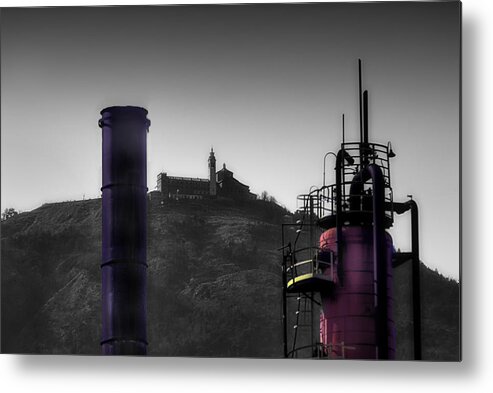 Luoghi Abbandonati Metal Print featuring the photograph INDUSTRIAL ARCHEOLOGY REFINERY PLANT WITH GUARDIA MOUNT SANCTUARY Raffinerie Garrone Val Polcevera by Enrico Pelos