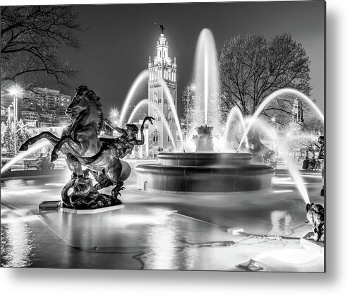 Missouri Fountain Metal Print featuring the photograph Kansas City J.C. Nichols Fountain and Plaza - Black and White by Gregory Ballos