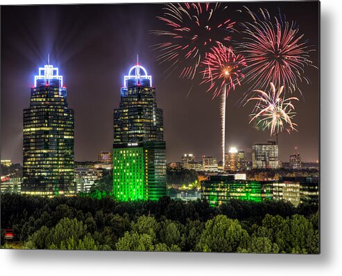 Sandy Springs Metal Print featuring the photograph King And Queen Buildings Fireworks by Anna Rumiantseva