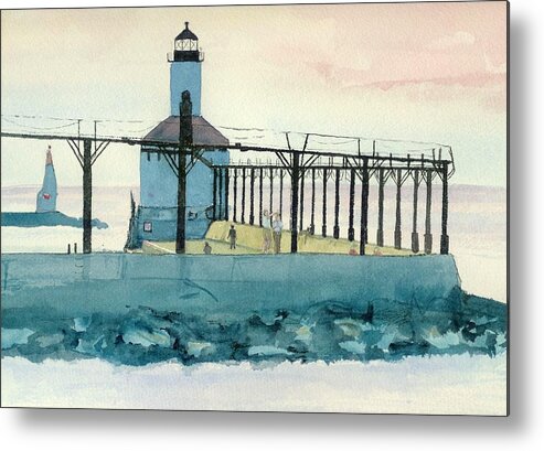 Lighthouse Metal Print featuring the painting Lighthouse in Michigan City by Lynn Babineau