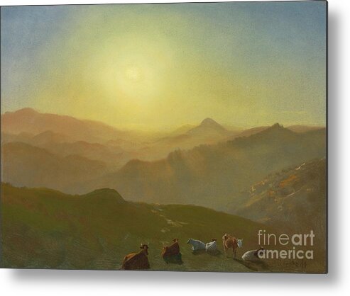 Albert_bierstadt_-_looking_from_the_shade_on_clay_hill_(1873). Hills Metal Print featuring the painting Looking from the Shade on Clay Hill by MotionAge Designs