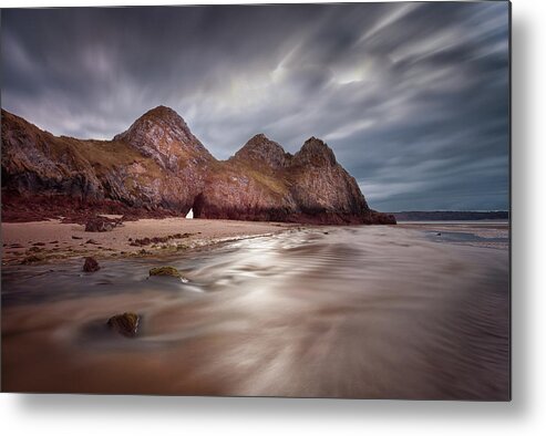 Three Cliffs Bay Metal Print featuring the photograph Low tide at Three Cliffs Bay by Leighton Collins