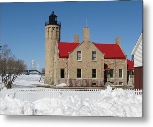 Old Mackinac Point Metal Print featuring the photograph Mackinac Bridge and Light by Keith Stokes
