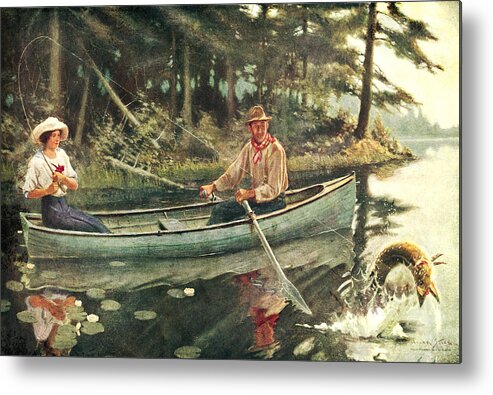 Frank Stick Metal Print featuring the painting Man and Woman Fishing by JQ Licensing