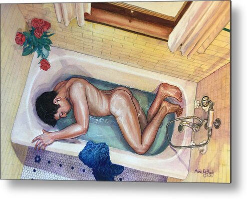 Male Nude Metal Print featuring the painting Man in Bathtub #3 by Marc DeBauch