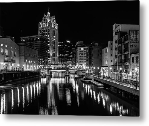 Monochrome Metal Print featuring the photograph Milwaukee at Night by John Roach