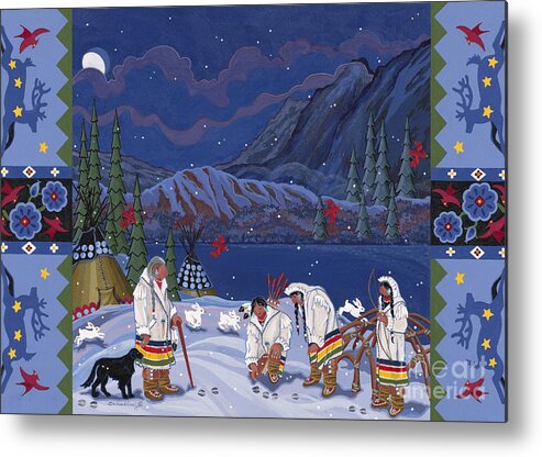 Many Stories Cannot Be Recounted Until There Is Snow On The Ground. Here You Are Watching As A Respected Elder Teaches About Tracking In The Winter Snows. Metal Print featuring the painting Moon When the Rivers Dream by Chholing Taha