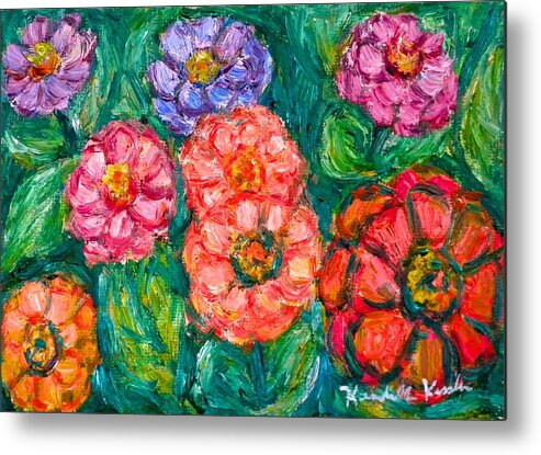 Flowers Metal Print featuring the painting More Zinnias by Kendall Kessler