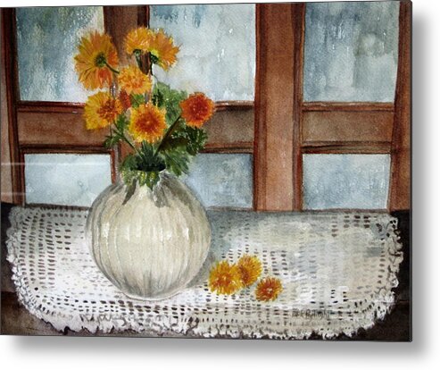 Small Vase Of Orange Mums Metal Print featuring the painting Mum is the Word by Paula Pagliughi