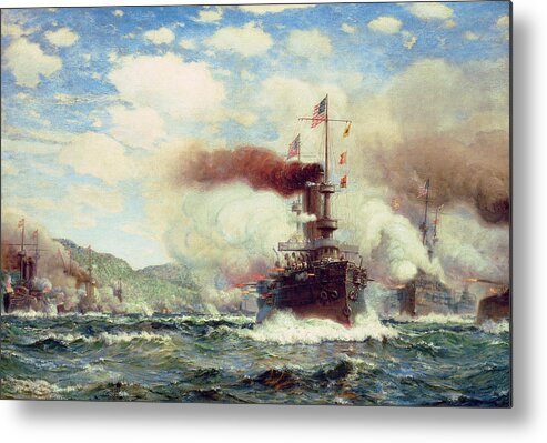 Naval Battle Explosion (oil On Canvas) Battleship; Sea Battle; Ship; Ships; Firing; Exploding; Fire; Canon; Smoke; Warship; War; Conflict; Warfare; Coast Metal Print featuring the painting Naval Battle Explosion by James Gale Tyler