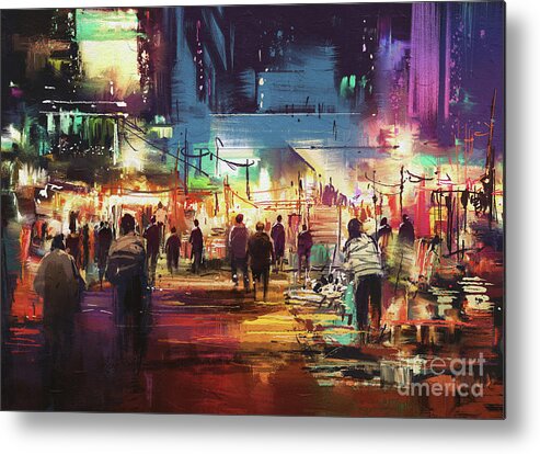 Abstract Metal Print featuring the painting Night Market by Tithi Luadthong