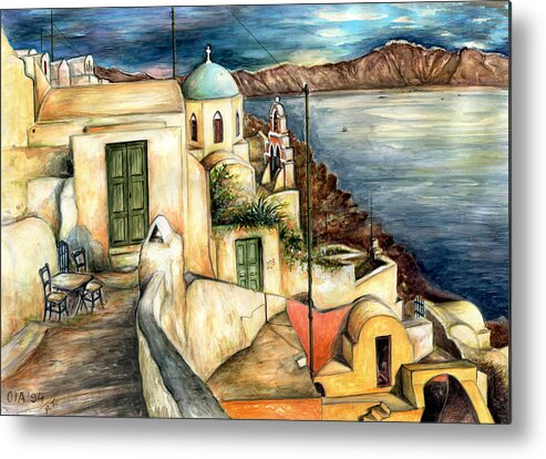 Santorini Metal Print featuring the painting Oia Santorini Greece - Watercolor by Peter Potter