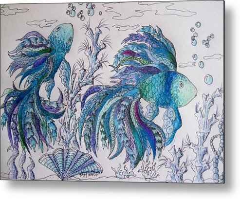 Fish Metal Print featuring the drawing One fish, two fish, lilac green and blue fish by Megan Walsh
