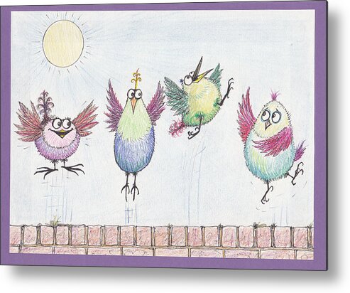 Mad Metal Print featuring the drawing P4 Four Birds Celebrate by Charles Cater
