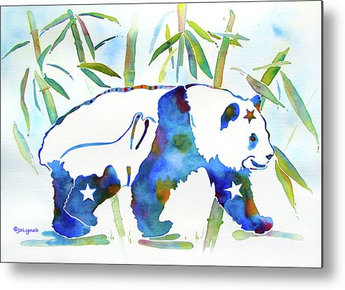 Panda Bear Metal Print featuring the painting Panda Bear with Stars in Blue by Jo Lynch