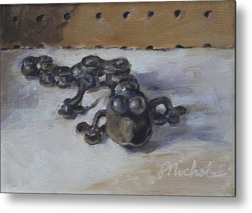 Bicycle Chain Parts Metal Print featuring the painting Pegboard Pete by Pamela Nichols