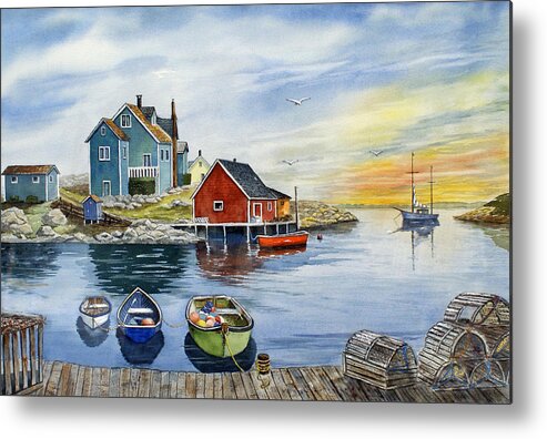 Watercolor Metal Print featuring the painting Peggys Cove by Raymond Edmonds