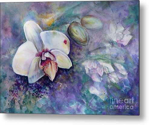 Phalaenopsis Orchid With Hyacinth Background Metal Print featuring the painting Phalaenopsis Orchid with Hyacinth Background by Ryn Shell