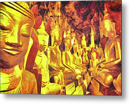 Myanmar Metal Print featuring the digital art Pindaya Buddhas by Dennis Cox Photo Explorer